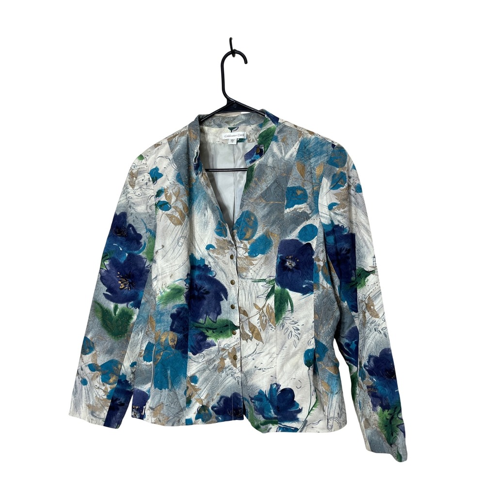 Coldwater Creek Floral Print Button Front Jacket Blazer Size 16 Blue Green